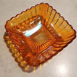 Vintage Amber Carnival Pressed Glass Square Bowl